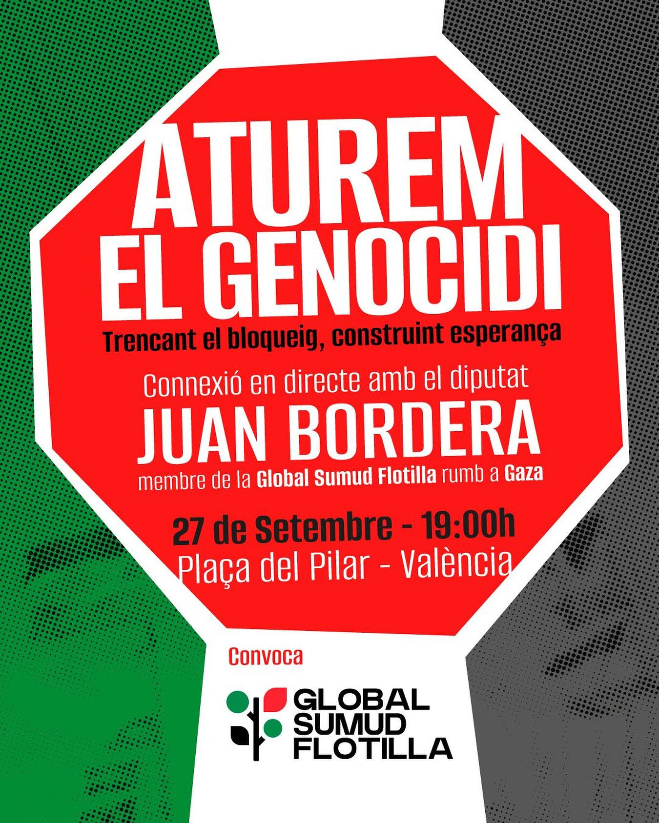 Este dissabte 27 de setembre a les 19h farem una connexió en directe amb la Global Sumud Flotilla, que navega rumb a Gaza per portar ajuda humanitària.  Amb la participació de @borderajuan i altres membres del _Sirius_.  📅 27 de setembre 
⏰ 19 hores
📍 Plaça del Pilar, València (accés lliure)  🔗 Passa-ho!  ✊🏽🇵🇸Aturem el Genocidi!